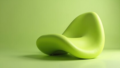 Abstract lime green chair with flowing organic shape on pale green background. Smooth, glossy, modern furniture design for interior or decor. Minimal studio shot.