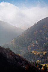 Foggy autumn hills of Dolina Będkowska in Gmina Wielka Wieś, with soft morning light revealing colorful forest slopes in the Jura Krakowsko-Częstochowska landscape.