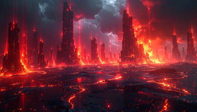 Fiery landscape with tall, dark structures against a dramatic sky, emitting glowing red light