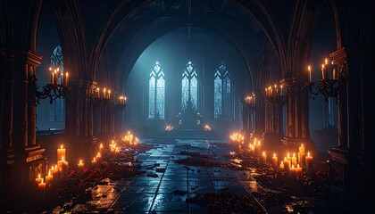 Lit hallway in dark gothic architecture. Candles glow along a tiled floor with arched windows in the background