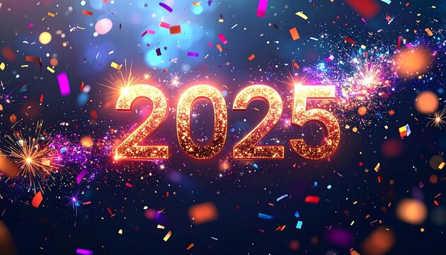 Glittering "2025" amidst colorful confetti and sparkling lights on a dark blue gradient background