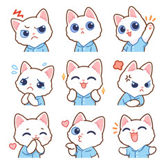 A set of cute anime cats illustrations in various clothes doing different activities with different expressions. Stickers or badges.Devon Rex