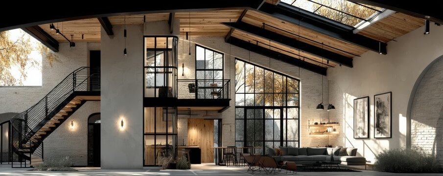 Open plan loft interior with glass walls, wooden beams, and modern living area design