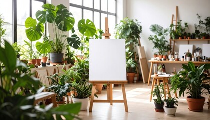 Blank canvas easel in art studio with lush plants.