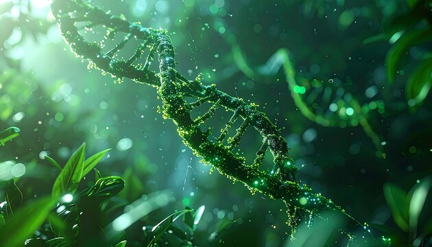 Green DNA helix covered in moss surrounded by vibrant foliage illuminated by ethereal light in a forest