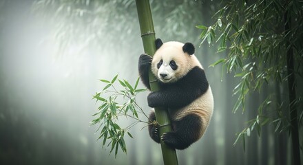 Obraz premium Giant Panda Embracing Bamboo: A Heartwarming Glimpse into China's Lush Wilderness
