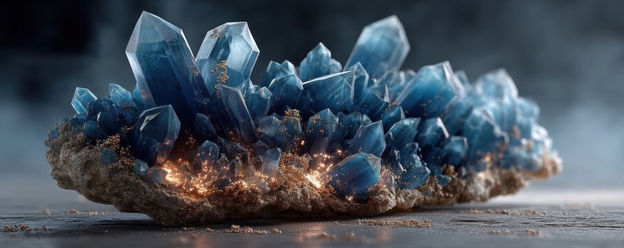 Blue crystal cluster with glowing embers on a rocky base in a dark, misty setting - Powered by Adobe