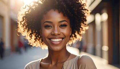 Smiling dark-skinned woman with curly hair in sunlit urban setting, wearing beige top