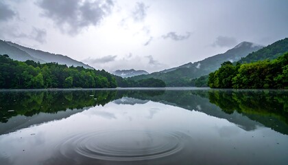 Serene lake reflecting misty forested mountains under a cloudy sky, rippling water surface
