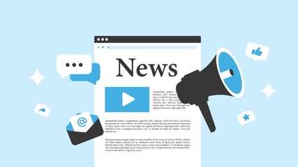 Press Release Distribution - news media animation broadcasts breaking stories with dynamic alerts, social shares. News marketing video clips motion graphic loop for engaging digital journalism