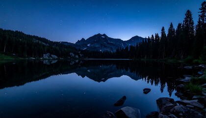 Starry sky over a mountain lake reflecting jagged peaks and silhouetted evergreens on a tranquil, dark water surface