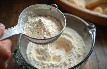 Person sifts white flour through metal sieve into large clear glass bowl. Fine powder gently falls, forming soft mound. Essential cooking step for preparing fresh dough, sweet cake, bread from