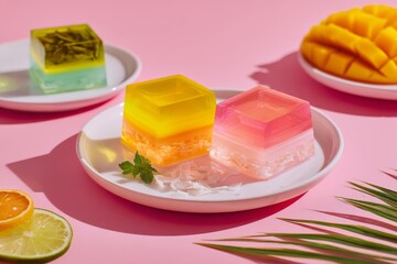Cubed Delights: Vibrant, translucent desserts sit atop a clean white plate. The colorful treats, alongside a slice of juicy mango and lime, beckon with their refreshing allure.
