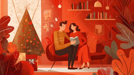 cozy christmas living room scene with a couple relaxing by the tree