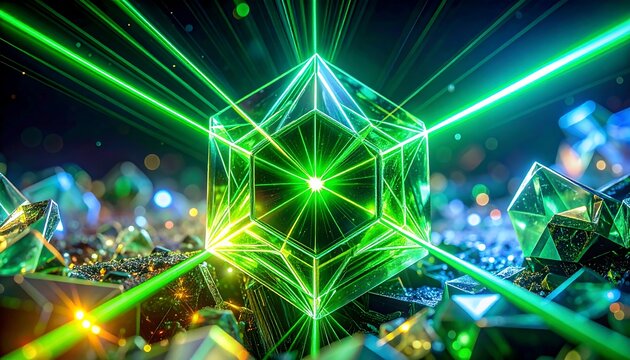 Iridescent cube with bright green laser beams piercing through, surrounded by colorful geometric shapes