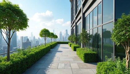 Obraz premium Rooftop garden on skyscraper offers city views. Rich green plants and trees line paved walkway. Modern building facade reflects cityscape. Outdoor space above metropolis.