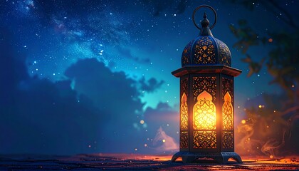 Ornate, glowing lantern against a dreamy, celestial night sky with soft clouds and dark ground