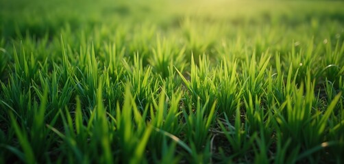 Obraz premium Green grass blades grow thick in soft morning sunlight. Rich blades are lit from behind by warm golden hour rays creating a vibrant natural background for concepts about nature and growth.
