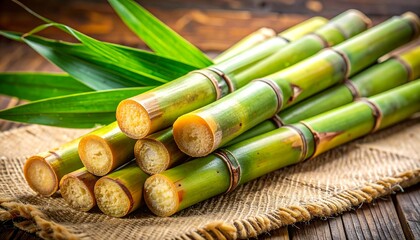 Pile of fresh green sugarcane stalks with leaves on burlap surface, atop aged wooden background
