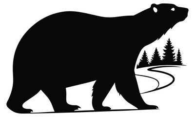 Walking bear silhouette in forest with winding path vector art