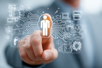 Businessman touches a digital human icon on a futuristic circuit interface
