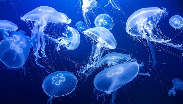 Many jellyfish swim in blue depths, translucent bells softly glowing with ethereal light, tentacles trailing