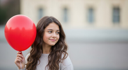 A smiling girl with wavy brown hair holds a vibrant red balloon on a string, looking happily off-camera in a softly lit outdoor setting.