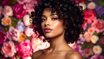 Pretty, bare-shouldered woman with short, dark curly hair is posed in front of an out-of-focus background of flowers