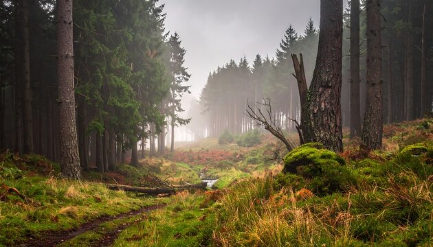 Foggy forest pathway with green grass and towering trees, leading into mist - Powered by Adobe