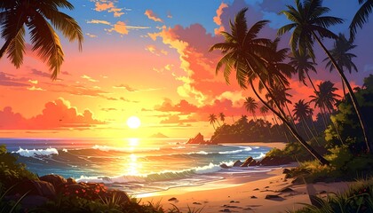 Tropical beach scene, vibrant sunset with silhouetted palm trees and gentle waves washing ashore under a colorful sky