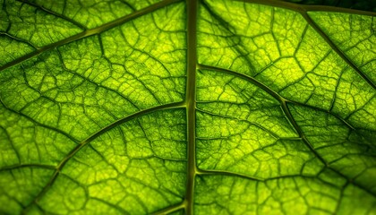 Translucent green leaf closeup; sunlight illuminates intricate veins