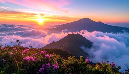 Radiant sunrise over mountain peaks, clouds embrace the valleys, vibrant blossoms bloom in the foreground