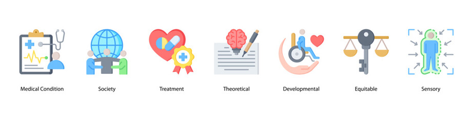 Health and Disability Awareness web banner illustration featuring Medical Condition,Society, Treatment, Theoretical, Developmental, Equitable, and Sensory. Promotes inclusive healthcare understanding.