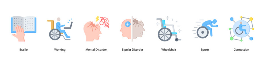Mental and Emotional Wellness web banner illustration featuring Braille, Working, Mental Disorder, Bipolar Disorder, Wheelchair, Sports, and Connection. Promotes mental strength and inclusivity.