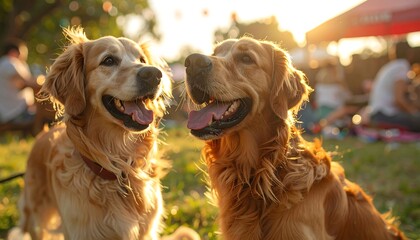 Two golden retrievers smile in a park at sunset with people blurred in the background enjoying the summer day