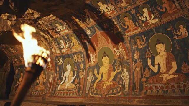 Ancient Cave Painting of Buddha Illuminated by Torchlight, Historical Religious Art and Cultural Heritage