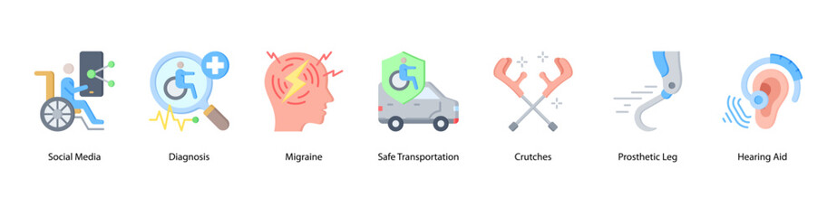 Health Accessibility web banner illustration featuring Social Media, Diagnosis, Migraine, Safe Transportation, Crutches, Prosthetic Leg, and Hearing Aid. Promotes mobility and medical innovation.