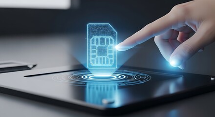 Modern technology meets convenience with a luminous SIM card interface on a sleek tablet, offering seamless connectivity and digital solutions today