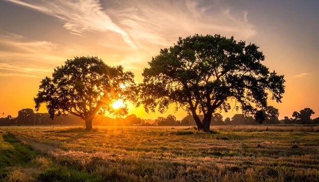 Two large trees backlit by a golden sunset in an open field, bathed in warm, ethereal light
