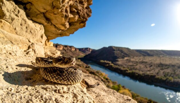 Coiled rattlesnake on a rock ledge with a blurred river valley background under a clear, bright, blue sky - Powered by Adobe