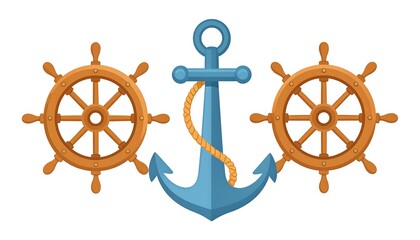 Two wooden ship wheels flank a blue anchor tied with rope, isolated against a white background