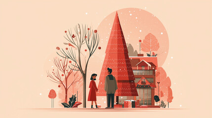 cozy winter illustration with couple walking near decorated house