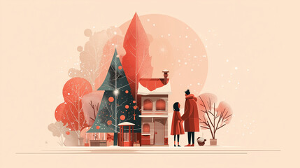 cozy winter illustration with couple walking near decorated house