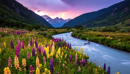 River winding through a meadow of colorful wildflowers, mountains in the distance, dusk sky with violet hues