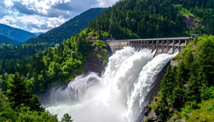 Water rushes powerfully from dam, flanked by green forest and mountains under partly cloudy sky