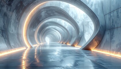 Futuristic concrete tunnel with curved openings and glowing lights leading to a bright exit