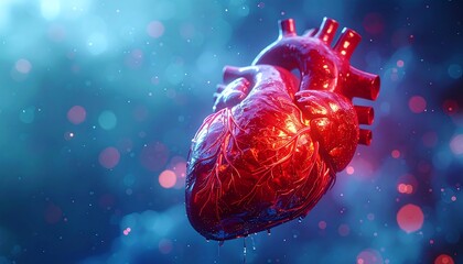 Rendered, detailed anatomical heart floating in ethereal blue light with blurred bokeh and drip textures