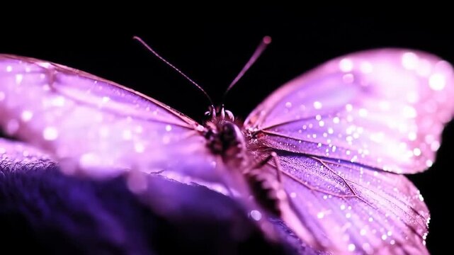 Purple butterfly close-up with glitter detail, macro shot, isolated on black background, for design
