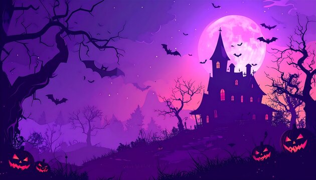 Spooky Halloween scene with a haunted house, full moon, bats and carved pumpkins in a dark purple landscape