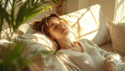 Girl relaxes on sofa with houseplant in sunlit room, eyes closed, enjoying peaceful rest